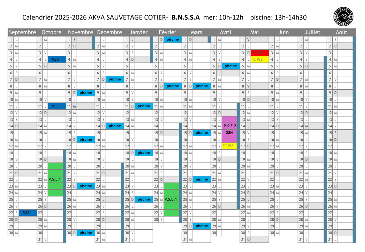 calendrier 2025-2026 BNSSA