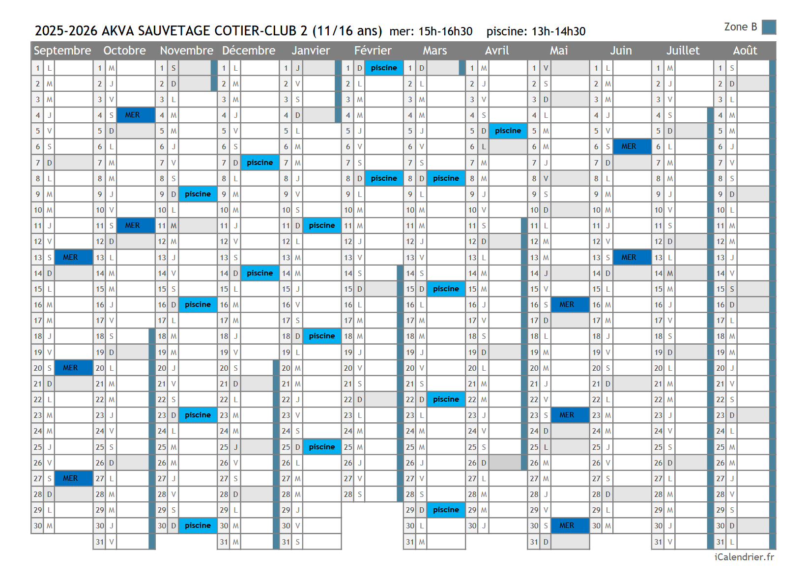 calendrier 2025-2026 BNSSA