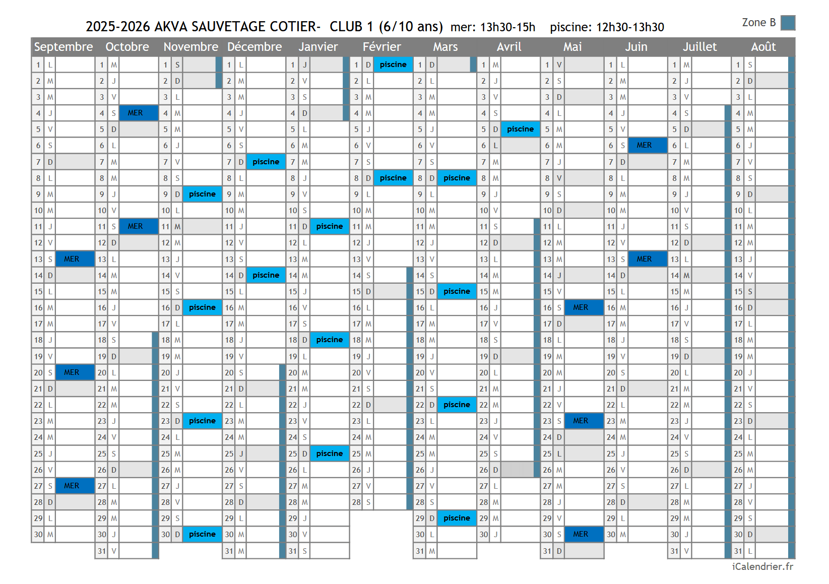 calendrier 2025-2026 BNSSA